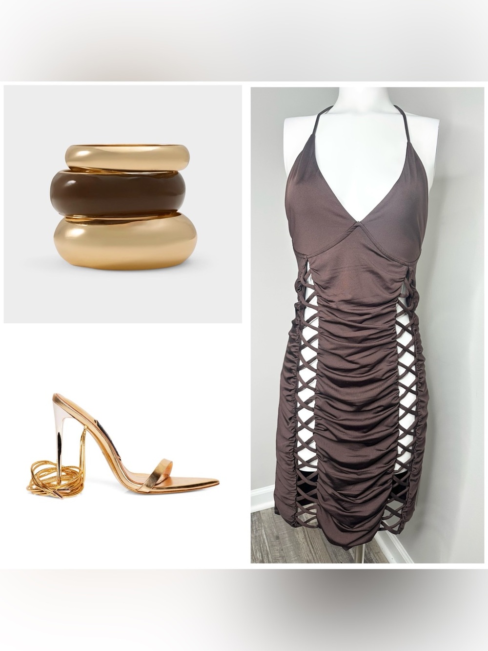 Brown Ruched Side-Lace Halter Dress - m/L